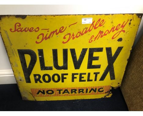 An enamel Pluvex roof felt tin sign: H46cm x W53cm