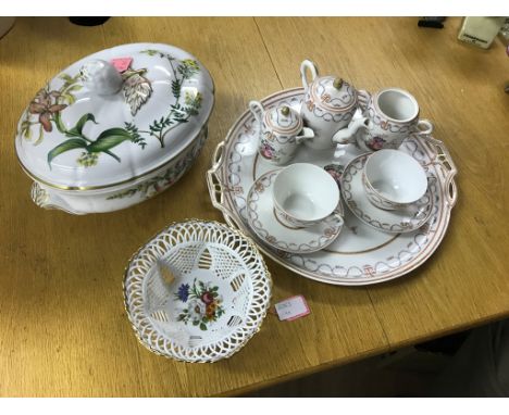 A Limoges hand-painted tea set on tray, Spode tureen and lattice bowl