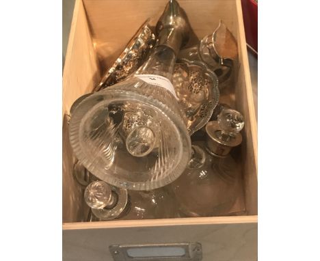 A mixed lot of items comprising a pair of silver bonbon dishes, a small decanter, two whisky tot bottles, an oil and vinegar 