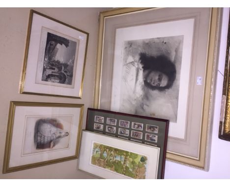 A quantity of pictures of various subjects to inc an early engraving of Edinburgh, hand signed portrait print by Luciano Guar