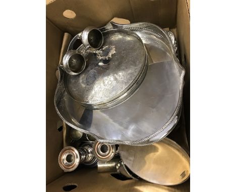 A box of EPNS to inc galleried trays, inkwell desk set etc
