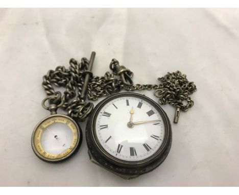 A pocket watch and case; together with two chains and a compass