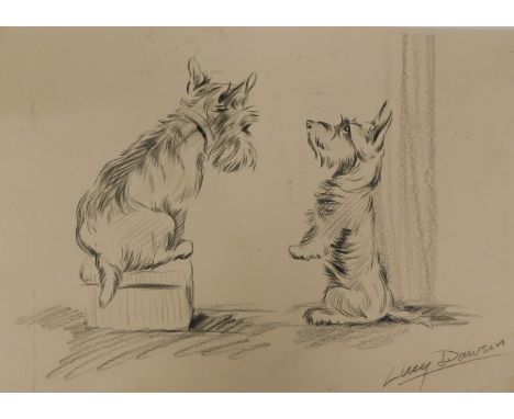 •Lucy Dawson (1867-1954). Two Terriers, pencil drawing, signed, 20cm x 29cm.