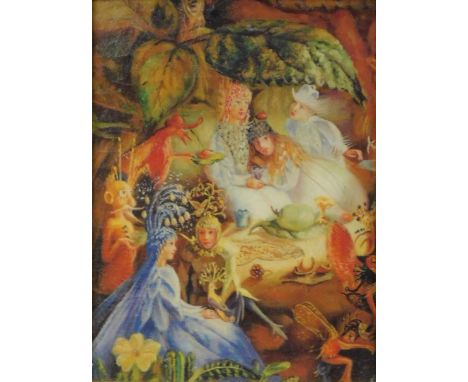 Gilt framed coloured print. Mythical scene and figures, 19cm x 14cm.