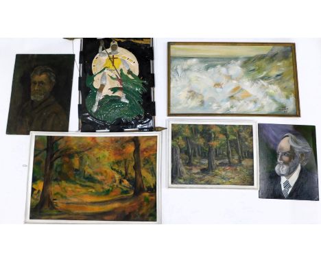 Cradock (20thC). Seascape, oil on board, signed and dated (19)65, 50cm x 89cm, two other landscapes, two portraits and an emb