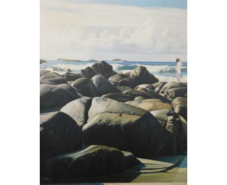 E.S. Figure in seascape, oil on canvas, initialled and dated 87/88, 150cm x 120cm.