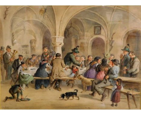 Carl Goebel (1824-1899). Tavern Scene, watercolour, signed, 36cm x 47.5cm.