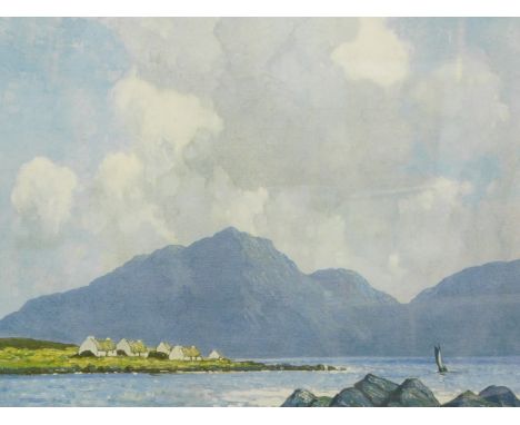 •Paul Henry (1876-1958). A Connaught fishing village, artist signed coloured print, 47cm x 55cm. Label verso 'A New Paul Henr