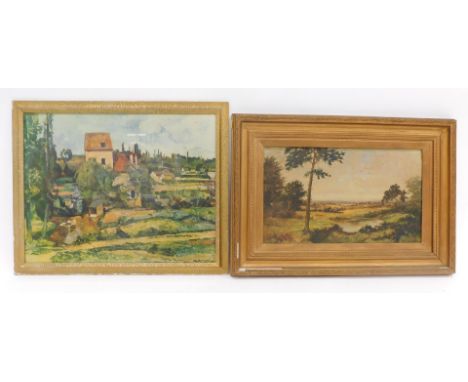 •David Mead (1906-1986). River landscape, oil and canvas laid on board, 29cm x 49cm, and a gilt framed print (2).