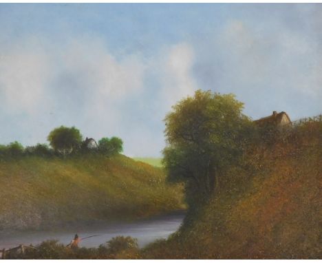 R. Witchard (20thC). Angler in river landscape, oil on board, signed, 19.5cm x 24.5cm.