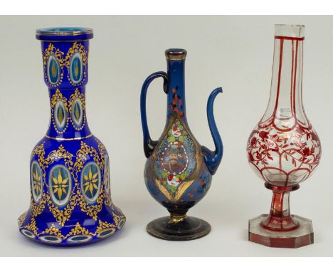 HUQQA BASES, 19th/20th century Bohemian glass, bell shaped with enamel decoration, another clear glass with red foliate patte