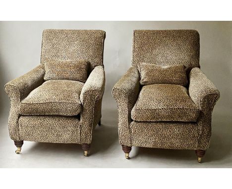 ARMCHAIRS, a pair, George Smith style leopard print loose covers with seat cushions and turned front supports, 80cm W. (2) 