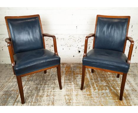 ARMCHAIRS, a pair, mahogany and Airforce blue leather, bear inscribed names to backs 'Beatrice Turner, London' and 'Samuel Da