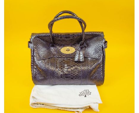 MULBERRY BAYSWATER BAG, black leather snakeskin print with suede lining, gold tone hardware with padlock and bottom feet, fla