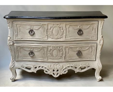 COMMODE, Italian style carved hardwood and grey painted with tessellated simulated marble top above two long serpentine front