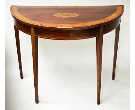 CONSOLE TABLE, George III demi lune mahogany and satinwood crossbanded with central shell inlay (adapted), 92cm x 46cm x 72cm