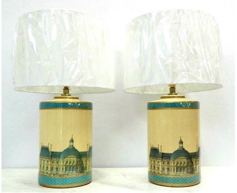 TABLE LAMPS, a pair, glazed ceramic with louvre print, with shades, 61cm H. (2) 