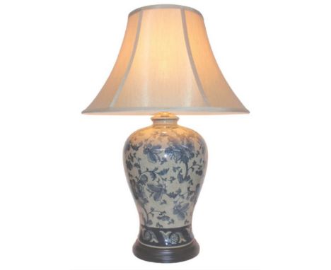 TABLE LAMPS, a pair, Chinese export style blue and white ceramic, with shades, 68cm H. (2) 