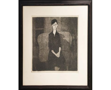 FRED WILLIAMS (1927-1982, Australia), 'Girl on a Sofa', etching and engraving, 32cm x 32cm, framed. 