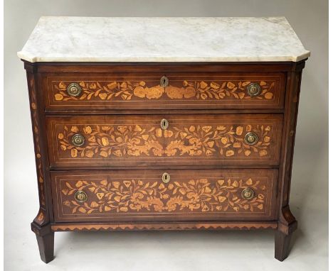 DUTCH COMMODE, 19th century mahogany and satinwood foliate marquetry with three long drawers and variegated veined white marb