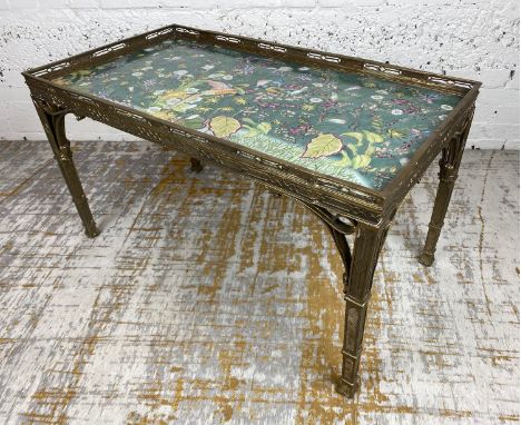 LOW TABLE, Chippendale style brass frame with a fine hand painted ceramic top decorated with exotic birds, butterflies and fl