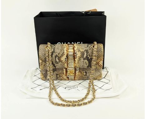 CHANEL PYTHON FLAP BAG, iconic CC front closure with gold tone hardware, interwoven chain, leather lining, inside sticker 133