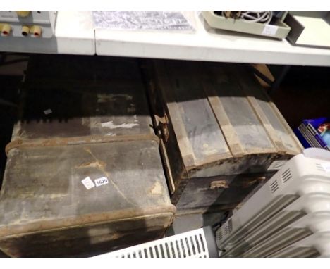Two vintage travel trunks, with wood and metal binding. Not available for in-house P&amp;P