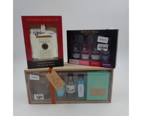 Three boxed alcohol gift sets: Lyme Bay Winery reserve liquor, 4 x 5cl Whitley Neill flavoured gins and a Gin Tasting Experie