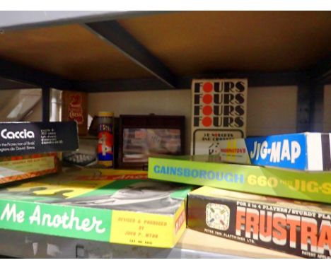 Shelf of vintage games to include chess and a gyroscope. Not available for in-house P&amp;P 