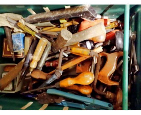 Box of mixed hand tools, including wood chisels. Not available for in-house P&amp;P