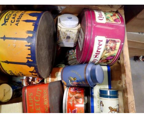 Tea chest containing mixed vintage metal tins. Not available for in-house P&amp;P 