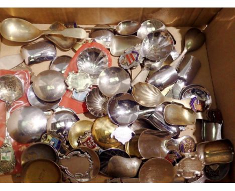 Box of mixed souvenir caddy spoons, mostly with enamel cables. UK P&amp;P Group 1 (£16+VAT for the first lot and £2+VAT for s