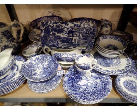 Large amount of mixed blue and white ceramics, including Myott. Not available for in-house P&amp;P