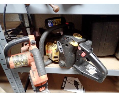 Shelf of mixed tools to include two chainsaws. Not available for in-house P&amp;P 