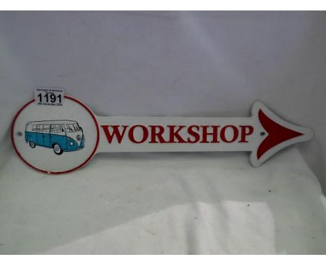 Cast iron VW workshop arrow sign, L: 45 cm. UK P&amp;P Group 2 (£20+VAT for the first lot and £4+VAT for subsequent lots)