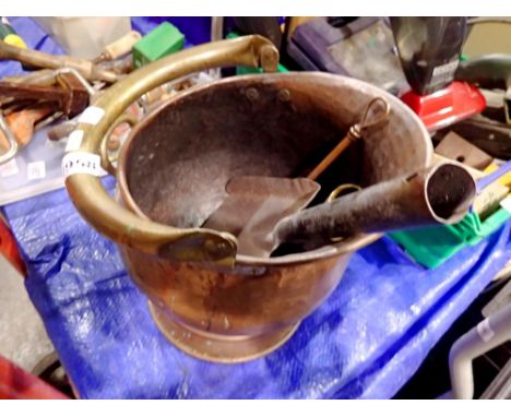 Copper and brass coal scuttle with tongs and a shovel. Not available for in-house P&amp;P 