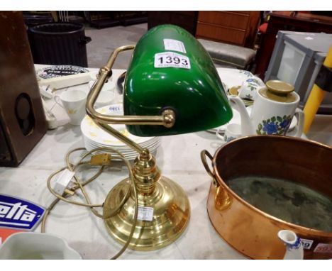 Brass desk lamp with green glass shade, H: 39cm. All electrical items in this lot have been PAT tested for safety and have pa