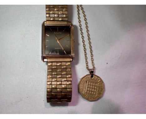 Gents vintage Accurist wristwatch with Tigers-Eye coloured dial on gold-tone bracelet (requires battery), with a 1964 Threepe