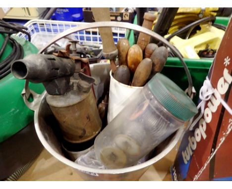 Galvanised bucket and contents including a blow torch and wooden handled hand tools. Not available for in-house P&amp;P 