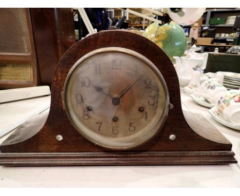 Oak cased Westminster chime mantel clock with pendulum. Not available for in-house P&amp;P 