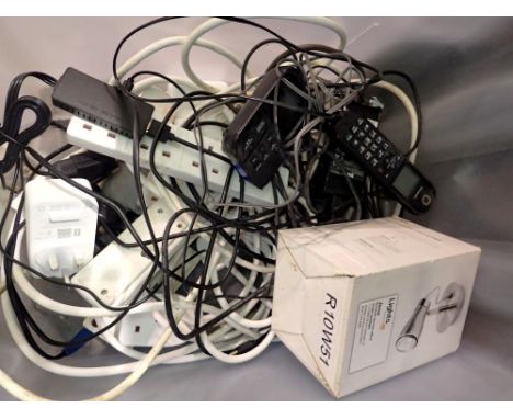 Tub of mixed electrical accessories, gang leads, audio visual cables and a Panasonic telephone. Not available for in-house P&