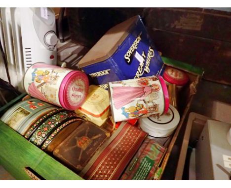 Box of mixed vintage tins. Not available for in-house P&amp;P 