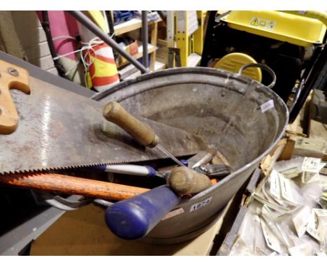 Vintage galvanised tub, with saws and a hedge trimmer. Not available for in-house P&amp;P
