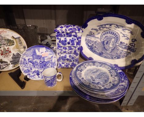 Shelf of blue and white ceramics to include Spode. Not available for in-house P&amp;P 