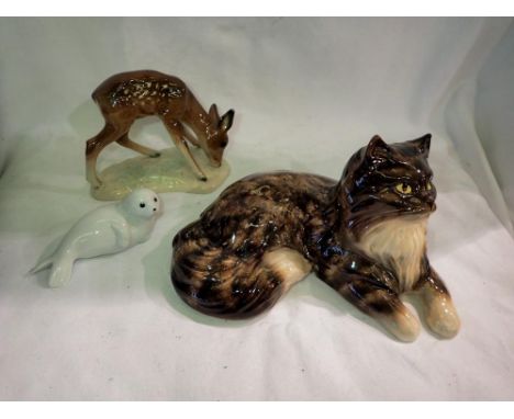 Three ceramic animal figures, including a Sylvac cat. Not available for in-house P&amp;P