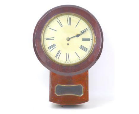 A late Victorian mahogany cased drop dial wall clock with fusee movement, Roman Numeral enamel dial, 28cm diameter, with pend