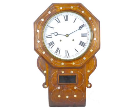 An early 20th century drop dial wall clock with mother of pearl inlaid oak veneer case, with Roman numeral enamel dial, 29cm 