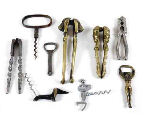 A collection of 19th century and later cork screws and nut crackers, including one Victorian nutcracker modelled as a dog, an