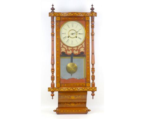 An early 20th century Vienna regulator wall clock with Tunbridge ware inlaid mahogany case, a Roman numeral enamel dial, 27cm