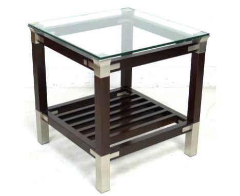 A modern designer mahogany and chrome side table, by Pierre Vandel, Paris, of cuboid form, with square bevelled glass top, an